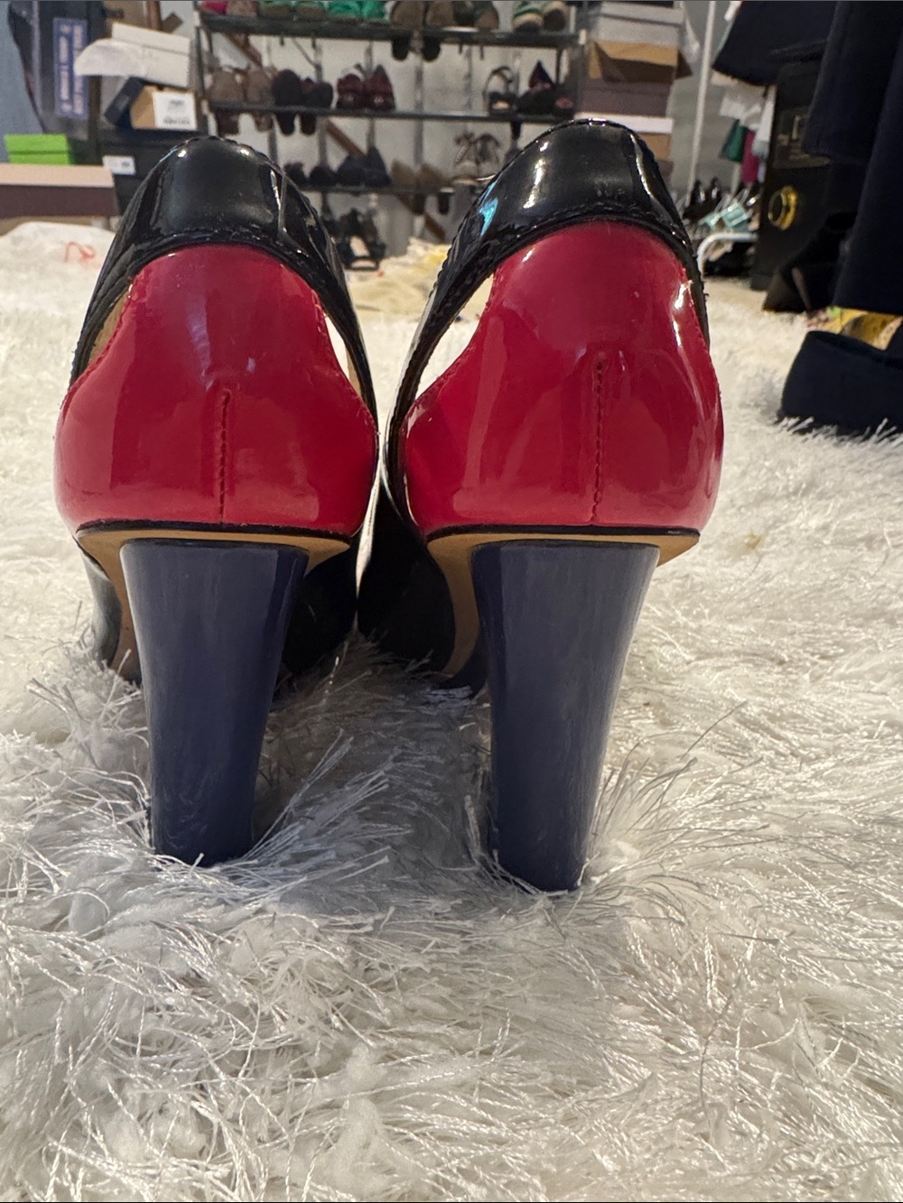 Women’s Patent Peep-Toe Block Heel Pumps - Black, Deep Purple Heel, and Hot Pink - Picture 4 of 14
